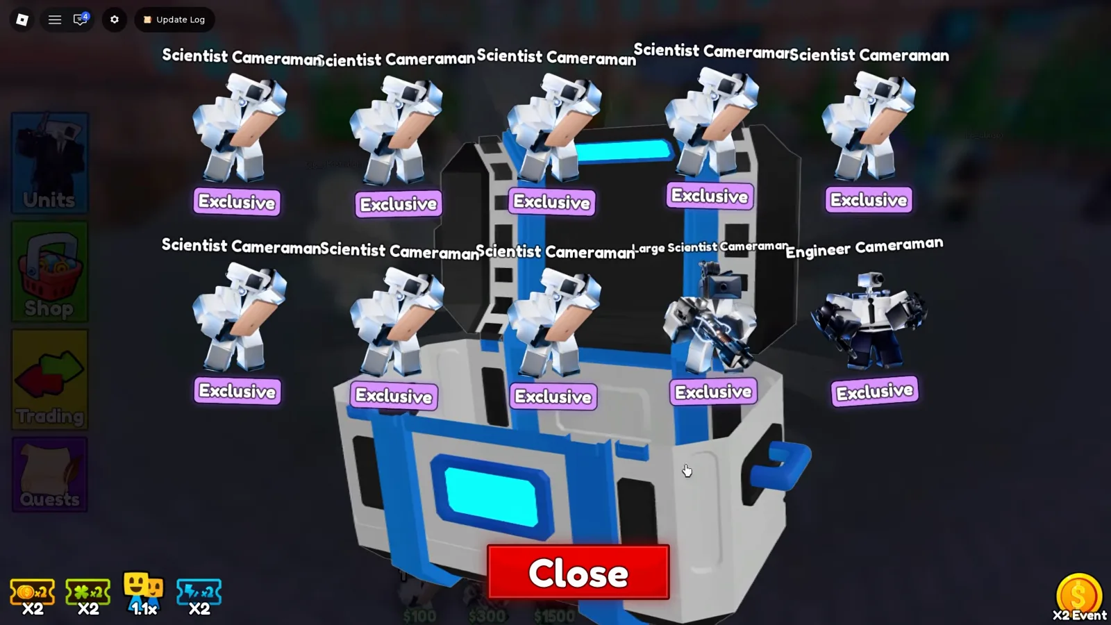 Tela de resultados ten-pull Scientist Crate em Cameraman Tower Defense com oito Scientist Cameraman um Large Scientist e um Engineer exclusive