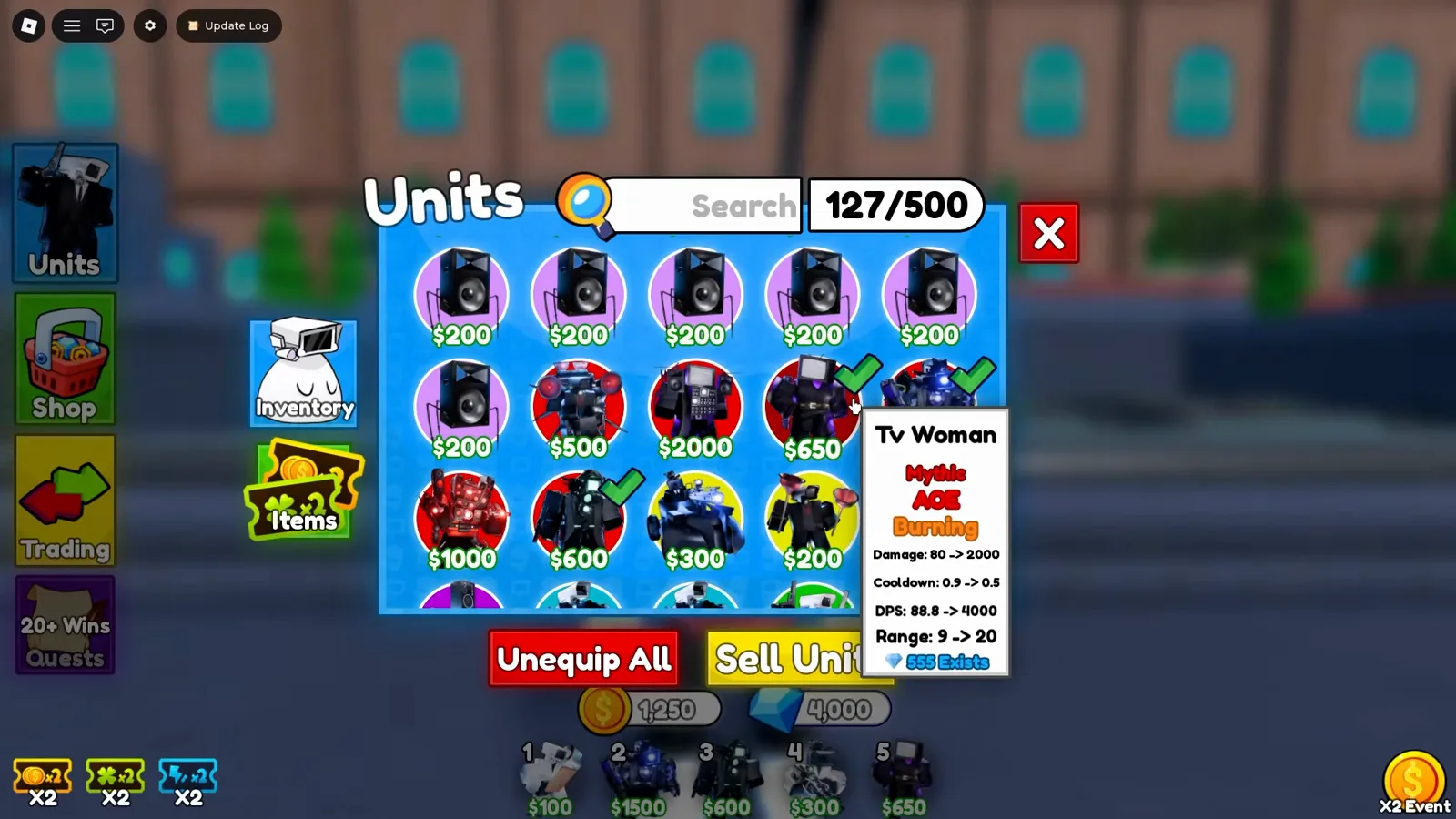 Grade de inventário Units em Cameraman Tower Defense com várias torres equipadas e tooltip mythic TV Woman com tags de AOE burning