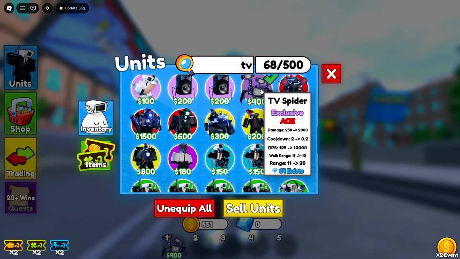 Busca Units em Cameraman Tower Defense filtrada por tv mostrando card exclusive AOE TV Spider com snapshot sixty four exists no tooltip