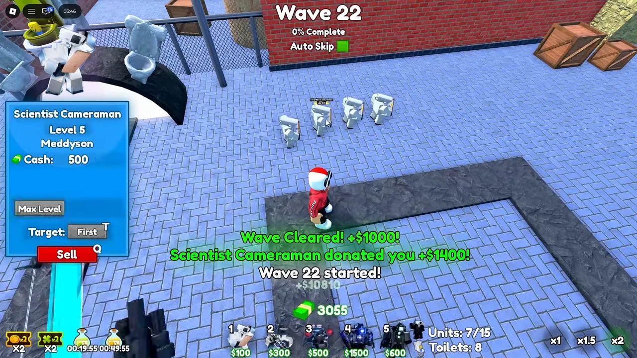 Cameraman Tower Defense Wave 22 UI with Auto Skip enabled, x2 speed selected, and Scientist Cameraman donation text.