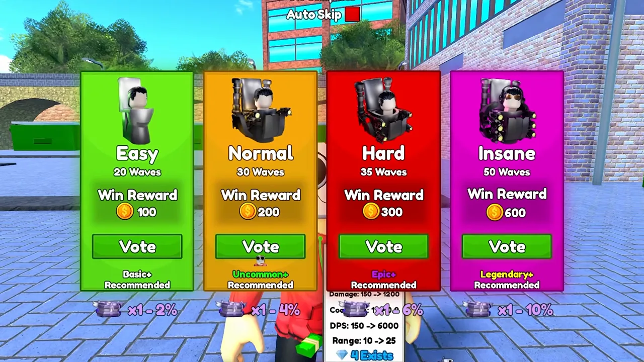 Cameraman Tower Defense difficulty voting UI listing Easy through Insane wave counts, coin rewards, and crate bonus percentages.
