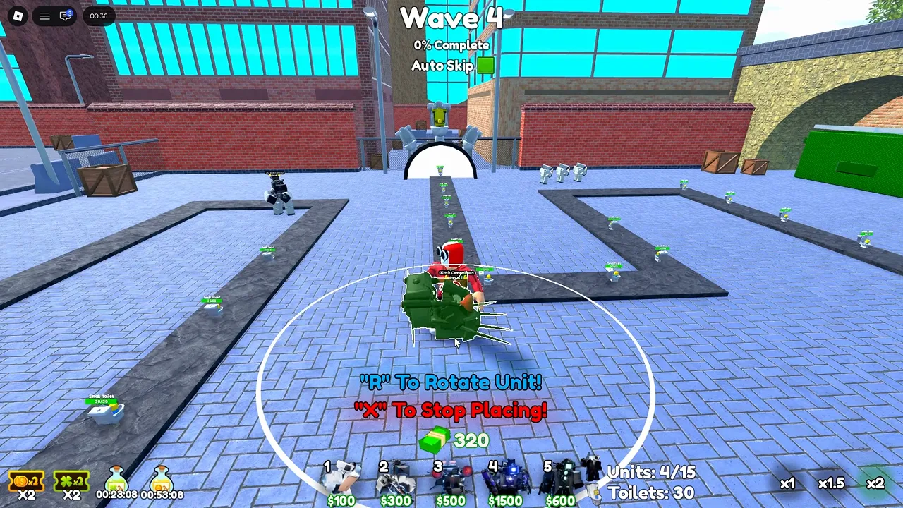 Cameraman Tower Defense Wave 4 placement UI with hotbar costs and rotate or stop placing prompts on screen.