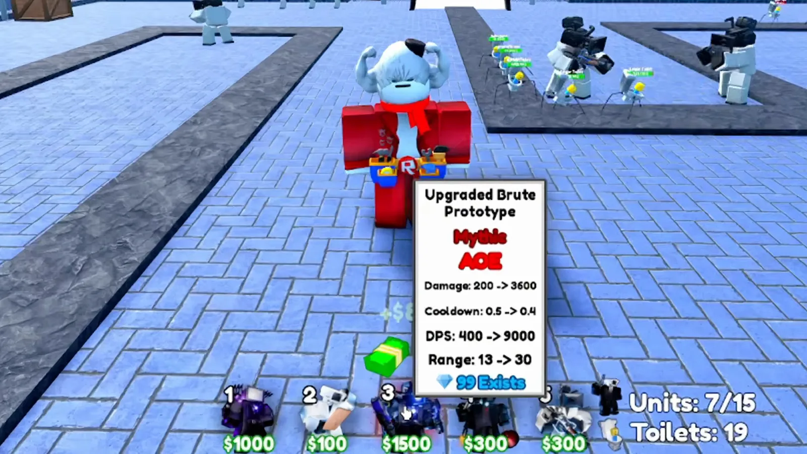 Panel de colocación Level 1 de Upgraded Brute Prototype en Cameraman Tower Defense con coste hotbar 1500 dólares y 400 DPS inicial en overlay de carta