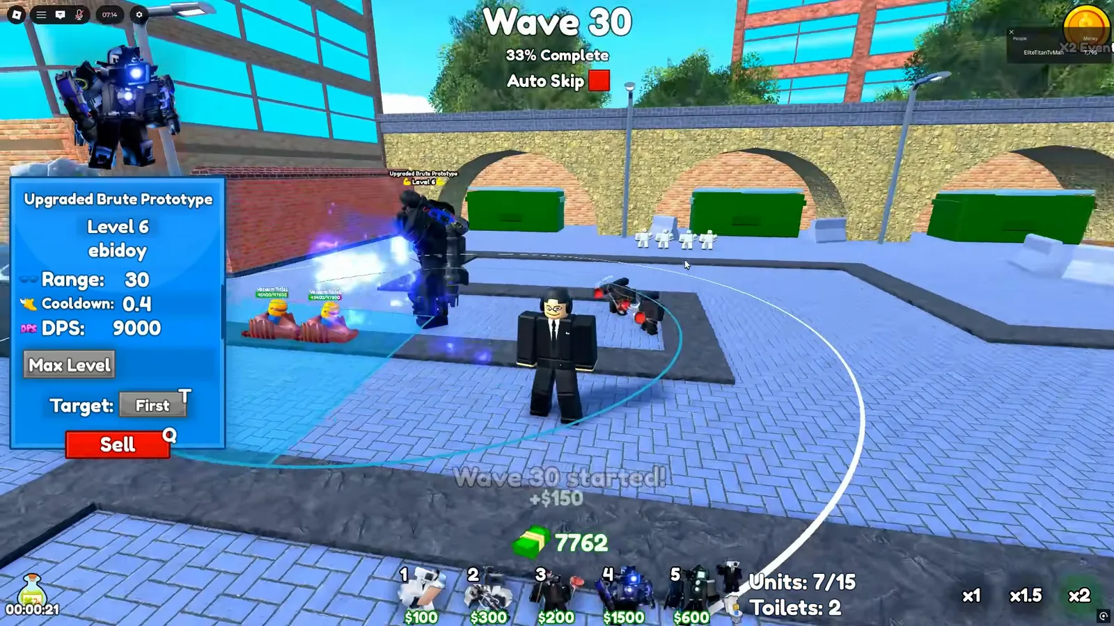 Panel Level 6 máximo de Upgraded Brute Prototype en Cameraman Tower Defense con 9000 DPS 0.4 cooldown y Range 30 en oleada 30
