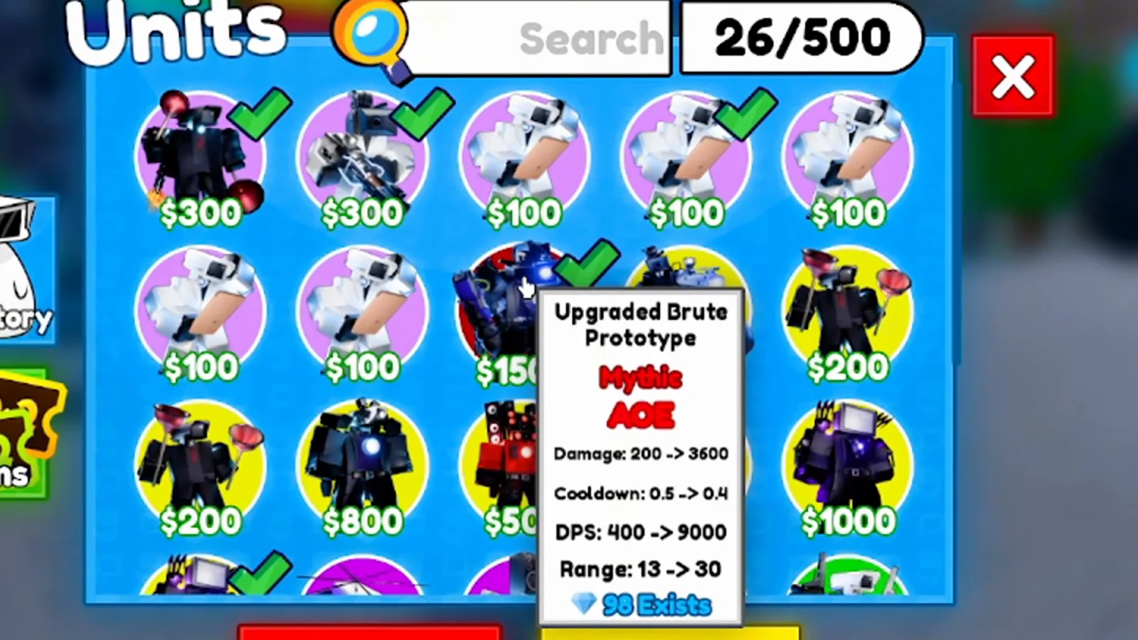 Carta de inventario Mythic AoE de Upgraded Brute Prototype en Cameraman Tower Defense con 9000 DPS máx. y snapshot 98 Exists en el tooltip