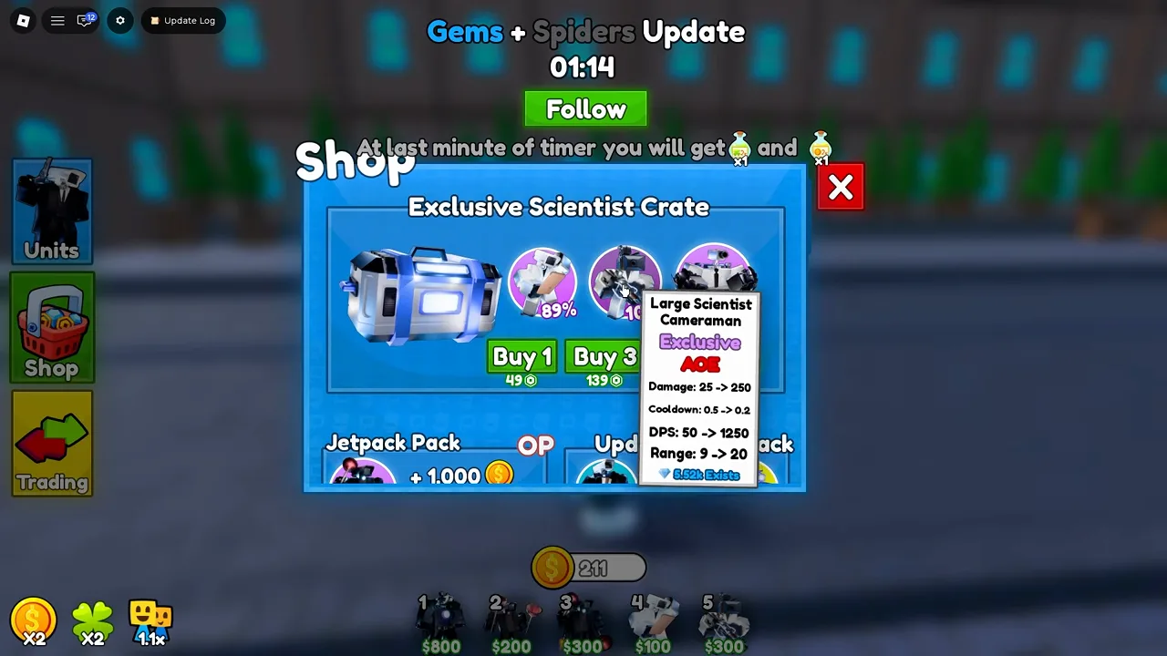 Cameraman Tower Defense Shop screenshot of the Exclusive Scientist Crate showing Robux prices and unit odds in the same menu tree as Codes.