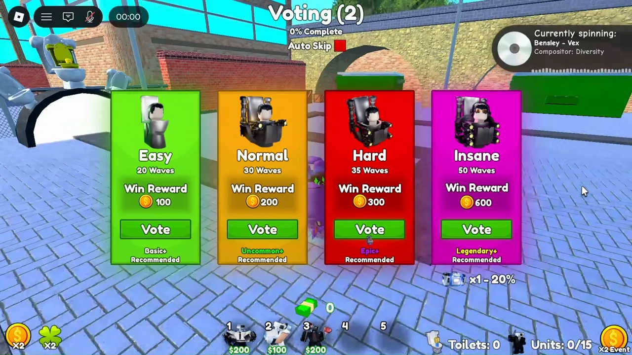 Cameraman Tower Defense Insane mode voting card showing 50 waves, 600 coin reward, and 20 percent crate bonus.
