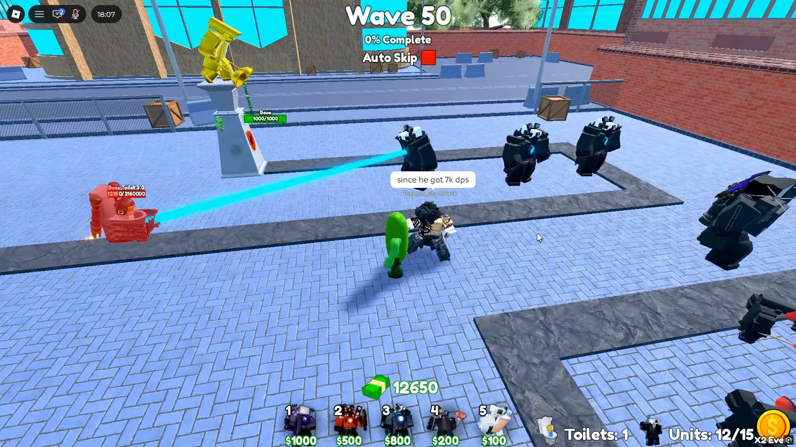 Cameraman Tower Defense duo Insane Wave 50 with an Upgraded Brute Prototype firing a cyan laser at Boss Toilet 3.0 and a second player chat bubble on screen