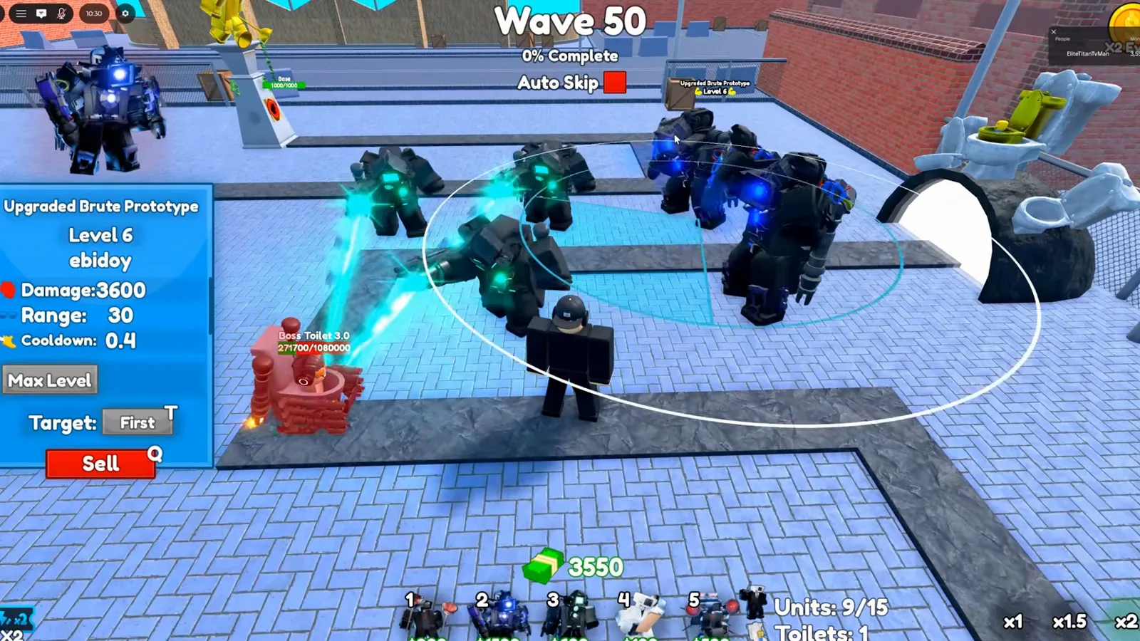 Cameraman Tower Defense Wave 50 start with a Level 6 Upgraded Brute Prototype panel showing 3600 damage, 30 range, 9 of 15 units and a 1,080,000 maximum boss plate