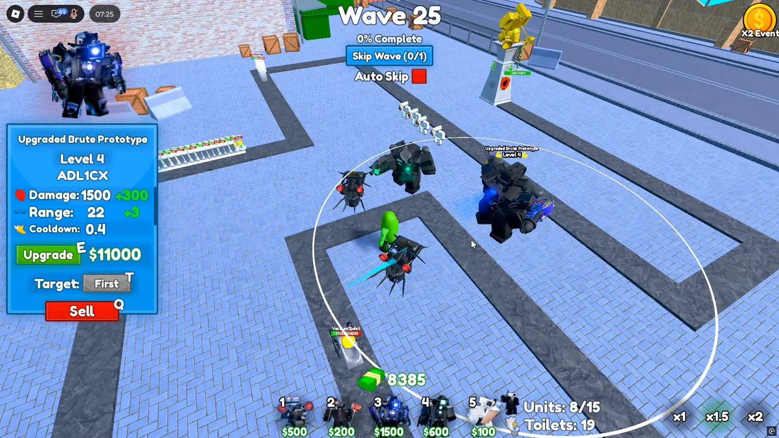 Cameraman Tower Defense Upgraded Brute Prototype Level 4 panel at Wave 25 showing 1500 damage, 22 range and an 11000 dollar upgrade in Ru11zTD footage