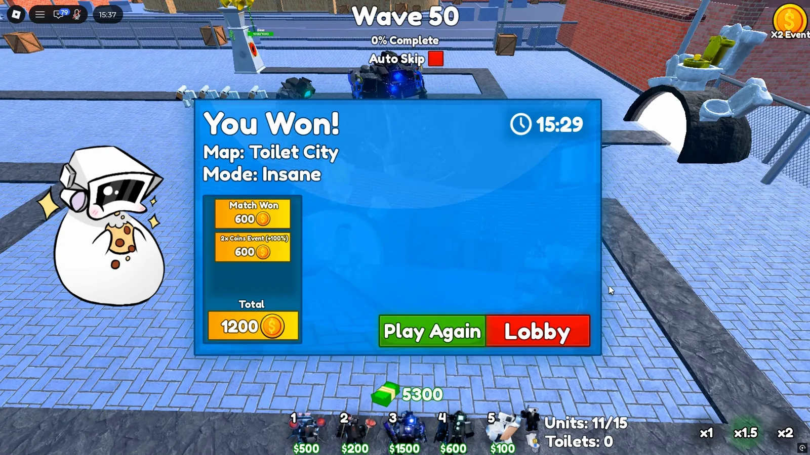 Cameraman Tower Defense You Won screen on Toilet City Insane at 15:29 with 11 of 15 units after an Upgraded Prototype Duo run in Ru11zTD footage
