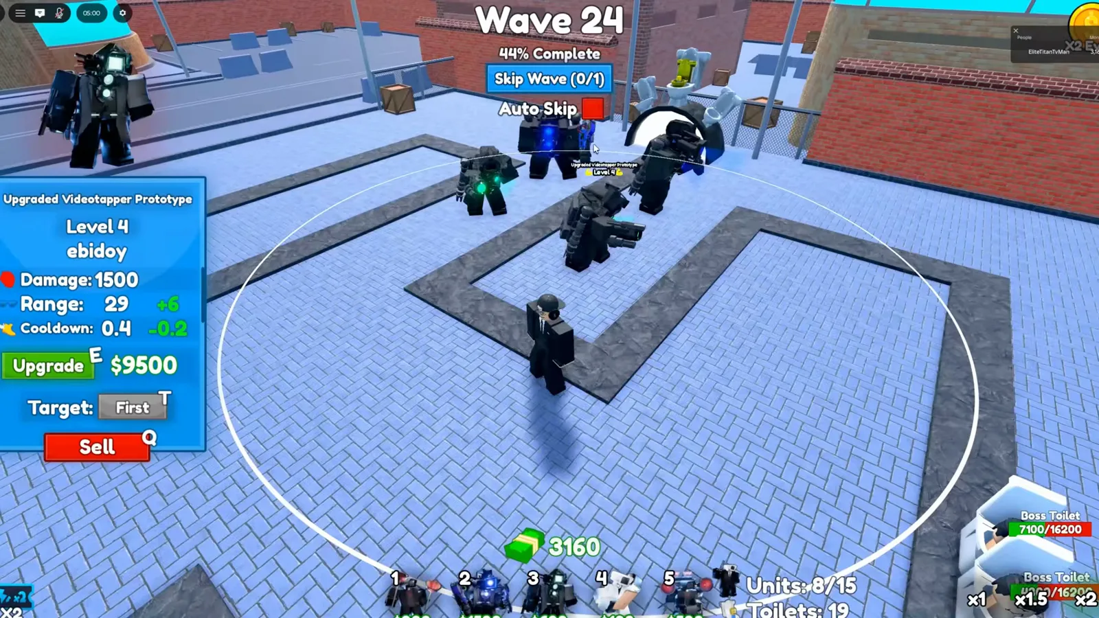 Cameraman Tower Defense Upgraded Videotapper Prototype Level 4 panel at Wave 24 showing 1500 damage, 29 range and a 9500 dollar upgrade in Elite Titan Tv Man footage