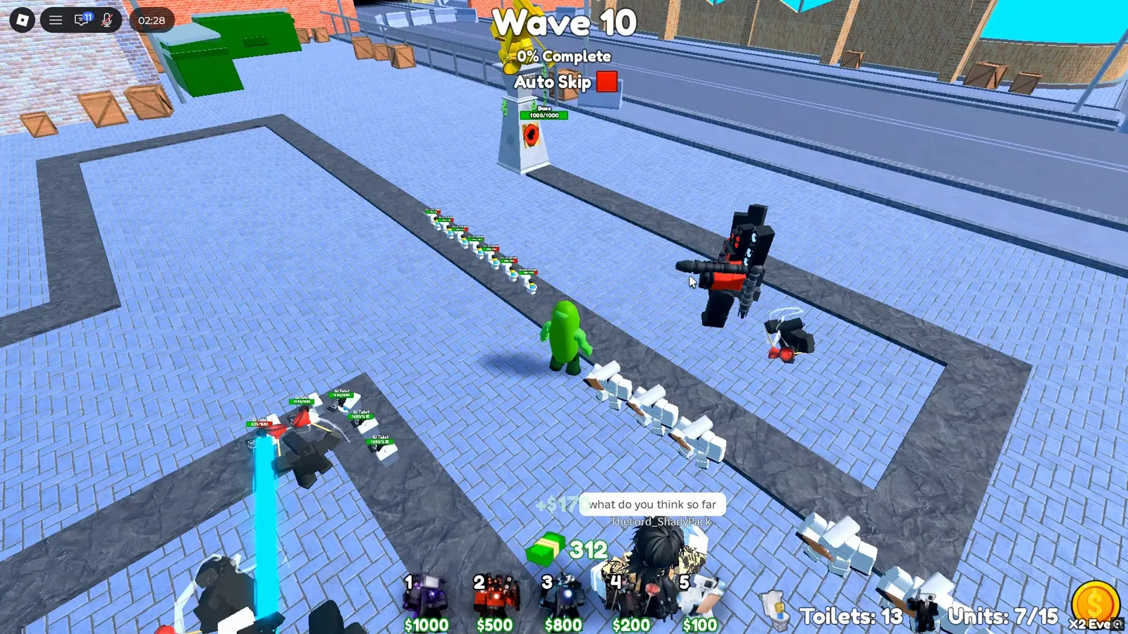 Cameraman Tower Defense duo Insane at Wave 10 with Units 7 of 15, a second player avatar beside the green avatar and a chat bubble reading what do you think so far