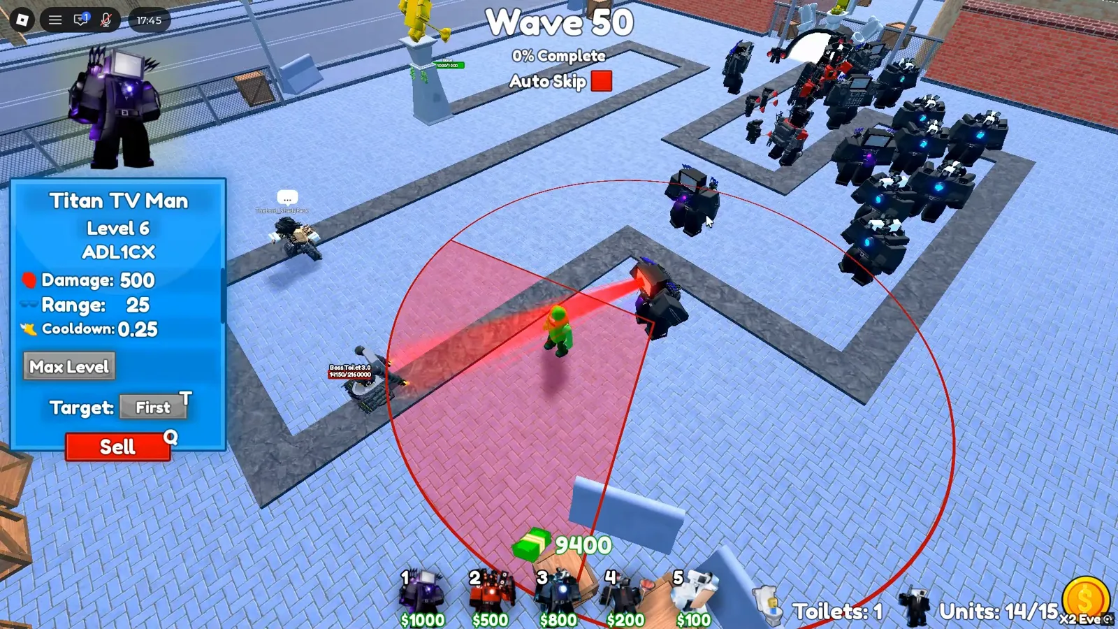 Cameraman Tower Defense duo Insane Wave 50 with a Level 6 Titan TV Man panel, 14 of 15 units, 9400 cash and a second player avatar on the path