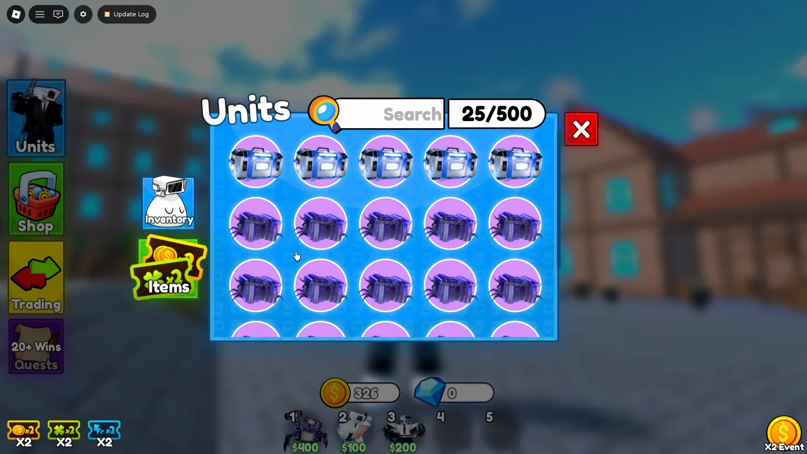 Pestaña Items de Cameraman Tower Defense con Spider Crates guardados y botón lateral 20 plus Wins Quests junto a cero gemas en el HUD.