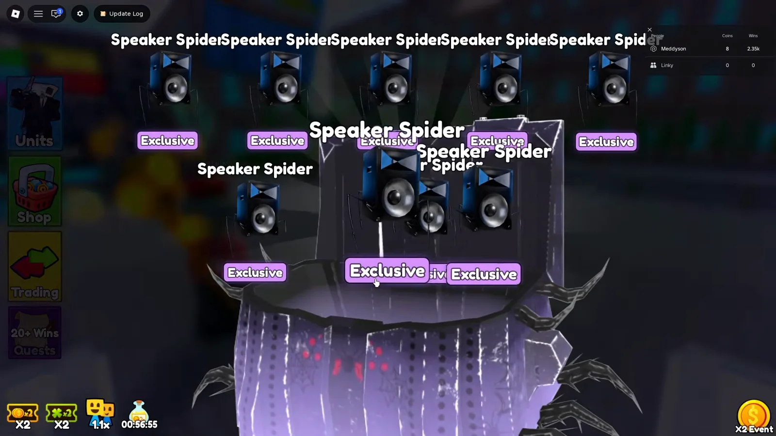 Apertura masiva de Speaker Spider desde Exclusive Spider Crate en Cameraman Tower Defense con diez etiquetas Exclusive visibles.