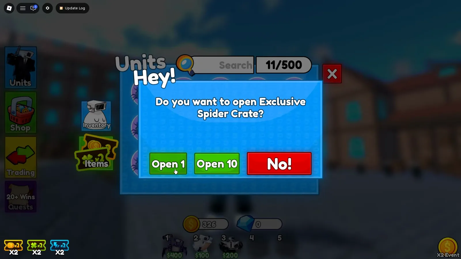 Popup de confirmación del Exclusive Spider Crate en Cameraman Tower Defense con botones Open 1 Open 10 y No mientras el inventario marca 11 de 500 ranuras.