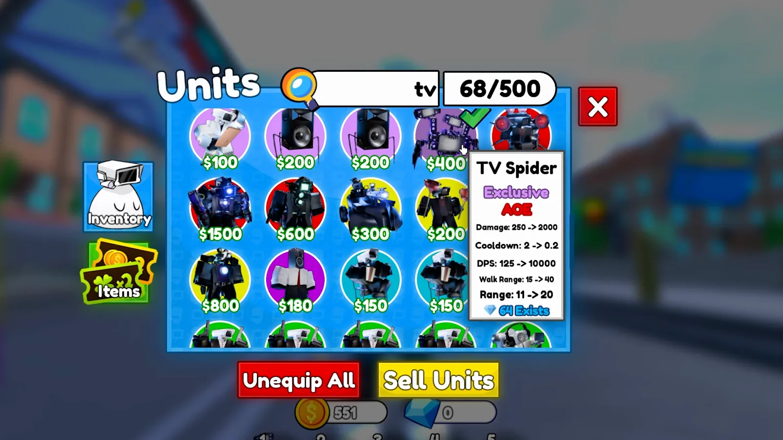 Tarjeta Exclusive de TV Spider en Cameraman Tower Defense con Walk Range 15 a 40 y Range de ataque 11 a 20 y 10000 DPS máximo.