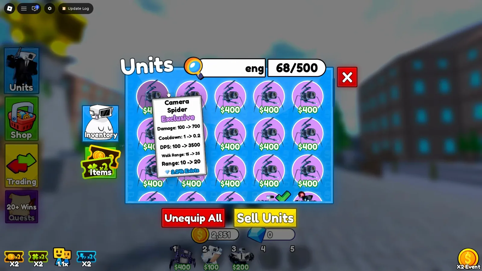 Inventario Units de Cameraman Tower Defense en 68 de 500 ranuras llenas sobre todo con duplicados de Camera Spider tras sesiones de crates con gemas.