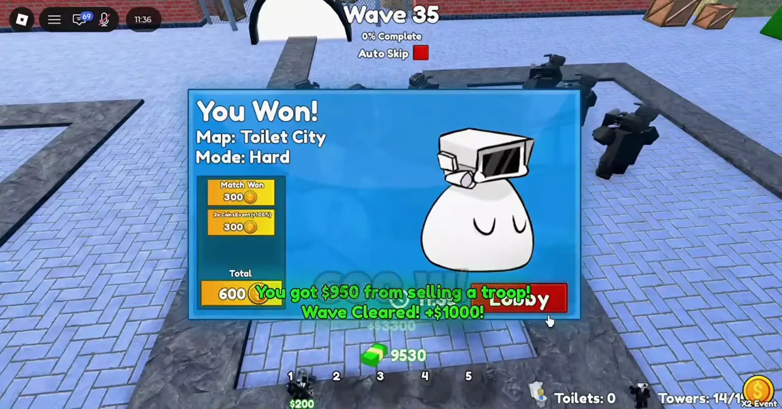 Cameraman Tower Defense Hard mode victory screen showing Toilet City Hard 300 coin match reward and optional 2x event bonus.