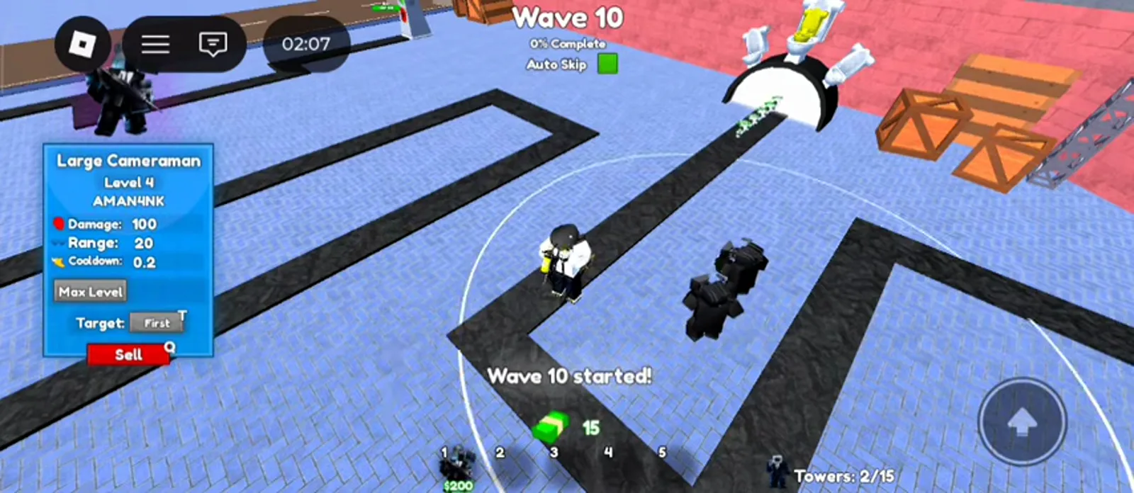 Cameraman Tower Defense Hard mode Wave 10 showing AMAN4NK Large Cameraman level 4 with 100 damage and 200 dollar placement cost.