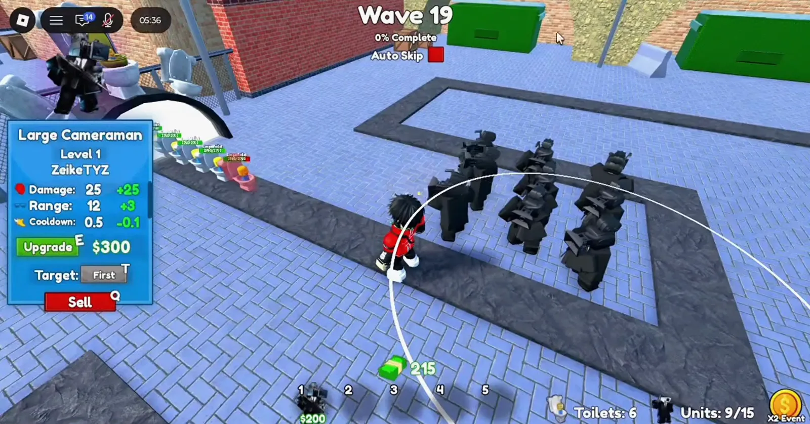 Cameraman Tower Defense Hard mode Wave 19 with nine Large Cameramen in a grid and level 1 upgrade cost 300 dollars on the panel.