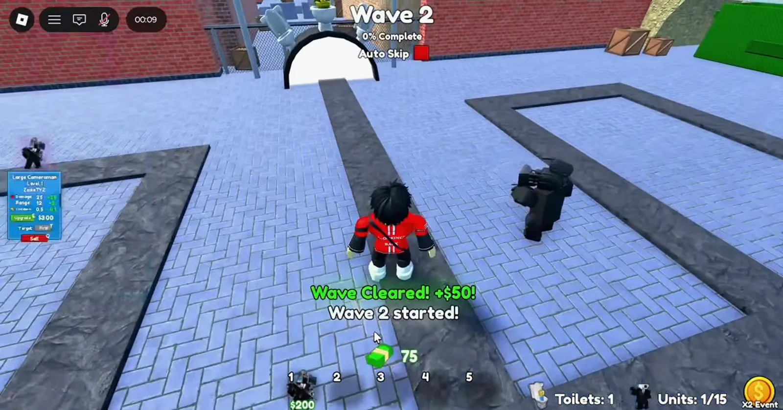 Cameraman Tower Defense Hard mode Wave 2 with one Large Cameraman level 1 on a path corner and 75 dollar cash after wave clear.