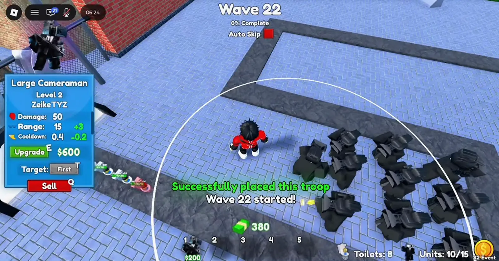 Cameraman Tower Defense Hard mode Wave 22 with ten Large Cameramen and a level 2 unit showing 600 dollar upgrade on the left panel.