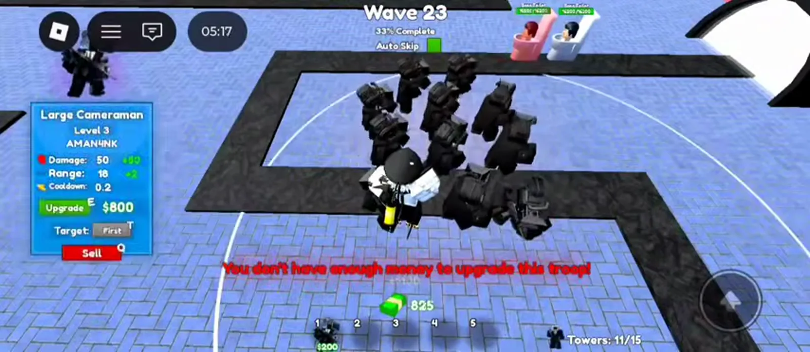 Cameraman Tower Defense Hard mode Wave 23 with eleven Large Cameramen clustered and level 3 stats with 800 dollar upgrade cost.