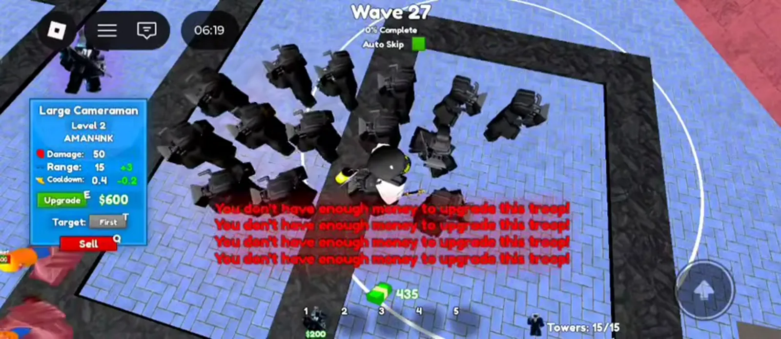 Cameraman Tower Defense Hard mode Wave 27 at fifteen of fifteen towers with Large Cameramen stacked on the path corner.