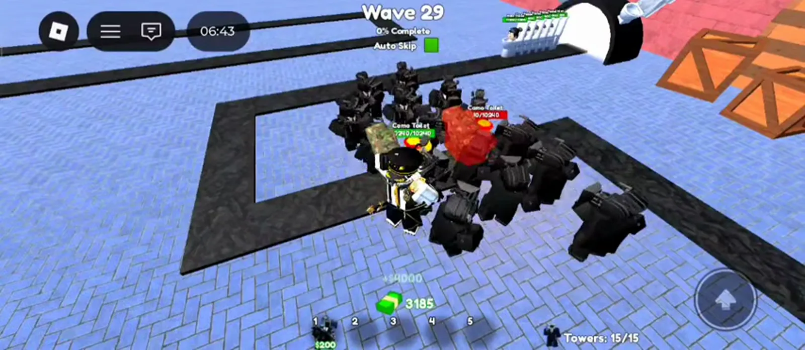 Cameraman Tower Defense Hard mode Wave 29 showing Camo Toilet enemies and fifteen placed towers with over 3000 dollar cash.