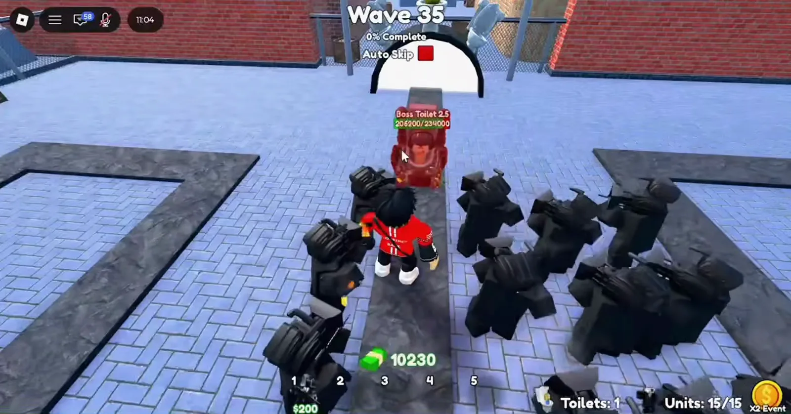 Cameraman Tower Defense Hard mode Wave 35 boss fight against Boss Toilet 2.5 with Units 15/15 and a dense Large Cameraman cluster.