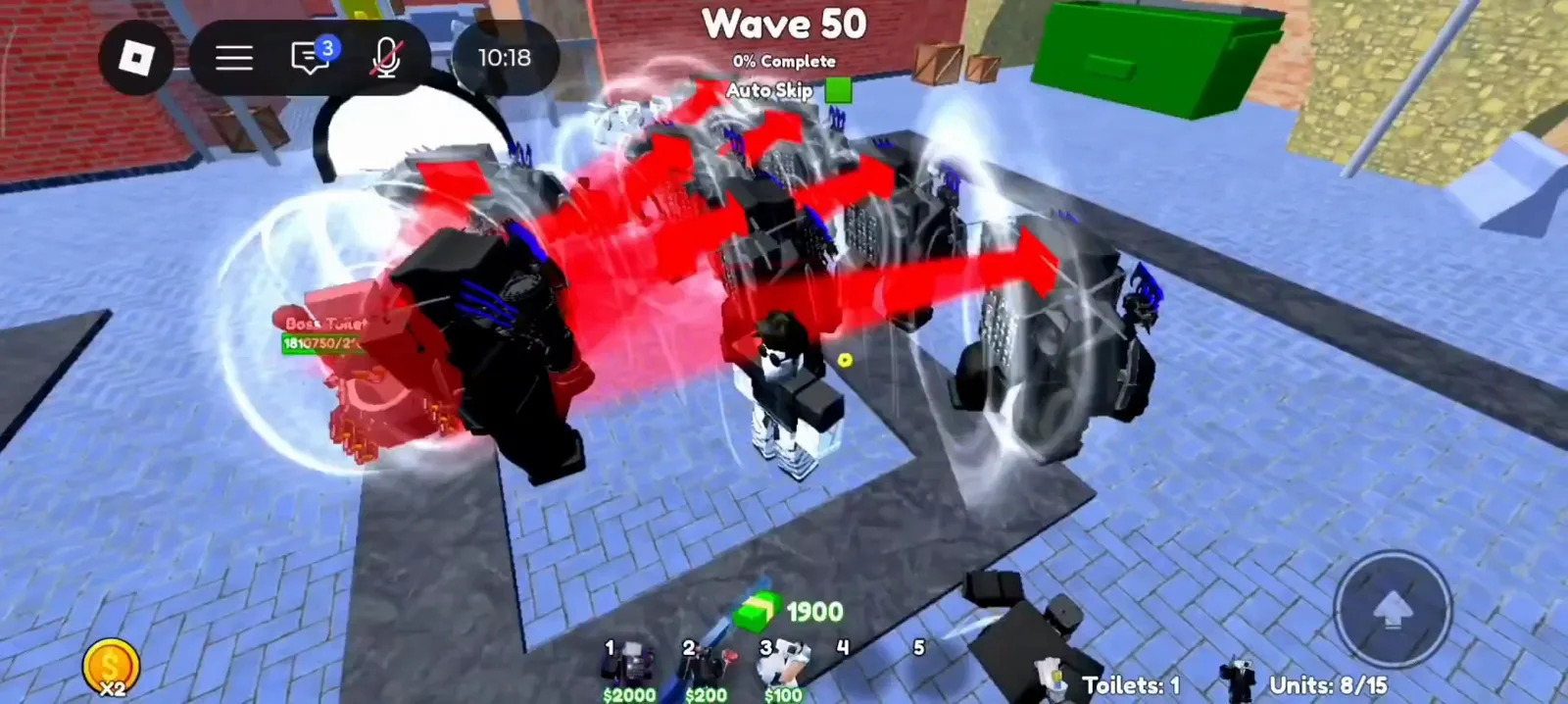 Cameraman Tower Defense Wave 50 boss fight with eight Titan Cinemaman units firing and match timer ten minutes eighteen seconds.