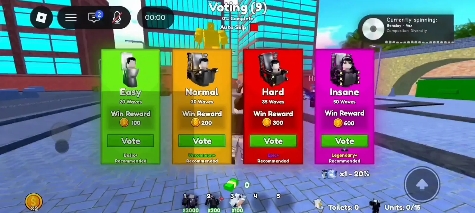 Cameraman Tower Defense Insane voting card showing fifty waves six hundred coin reward and a three unit hotbar with two empty slots.