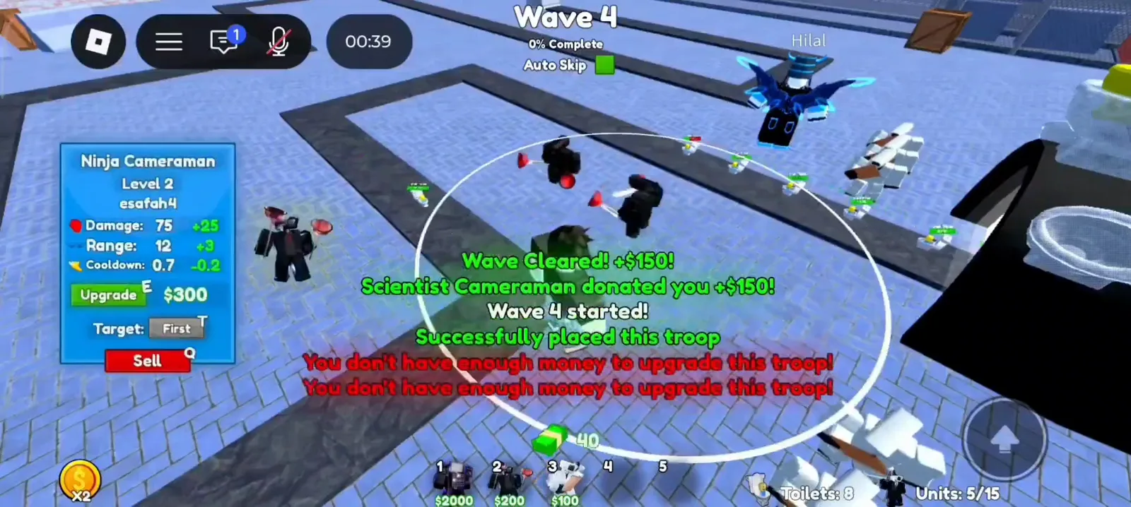 Cameraman Tower Defense Wave 4 Ninja Cameraman level two stats beside a Scientist Cameraman plus one hundred fifty dollar donation message.