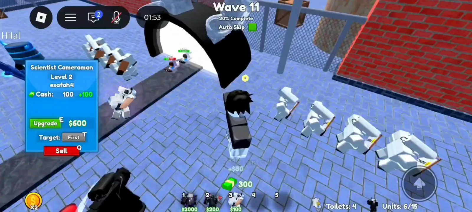 Cameraman Tower Defense Wave 11 Scientist Cameraman level two income stats with six units placed on the field.
