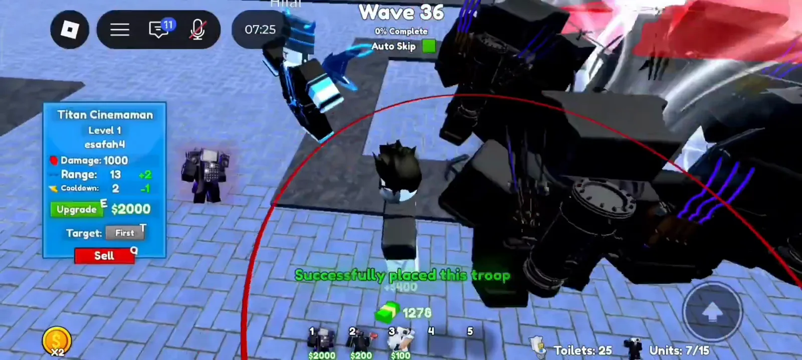 Cameraman Tower Defense Wave 36 Titan Cinemaman level one placement with one thousand damage and two thousand dollar upgrade cost.