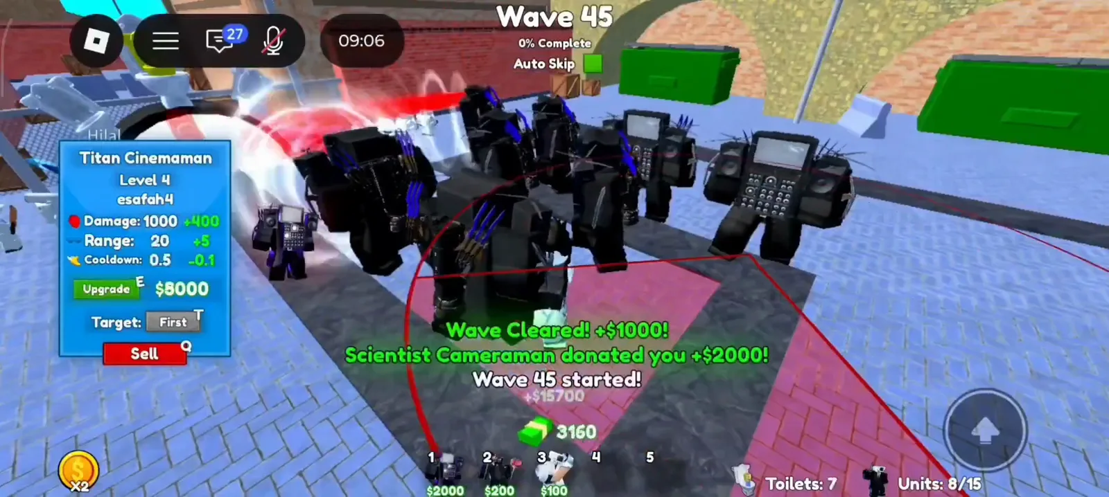 Cameraman Tower Defense Wave 45 Titan Cinemaman level four upgrade panel and two thousand dollar Scientist donation at nine minutes six seconds.