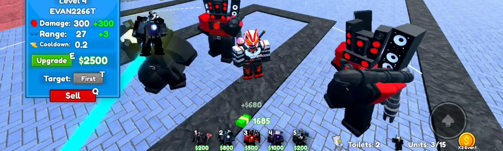 Insane Cameraman Tower Defense oleada 17 Titan Cameraman nivel 4 con mejora 2500 dólares y dos Titan Speakerman en esquina.