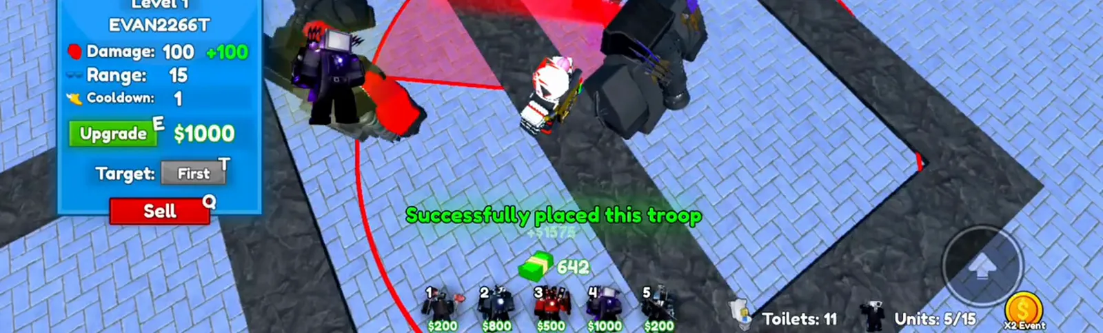 Insane Cameraman Tower Defense oleada 22 con Titan TV Man recién colocado nivel 1 y mejora de 1000 dólares en la tarjeta.
