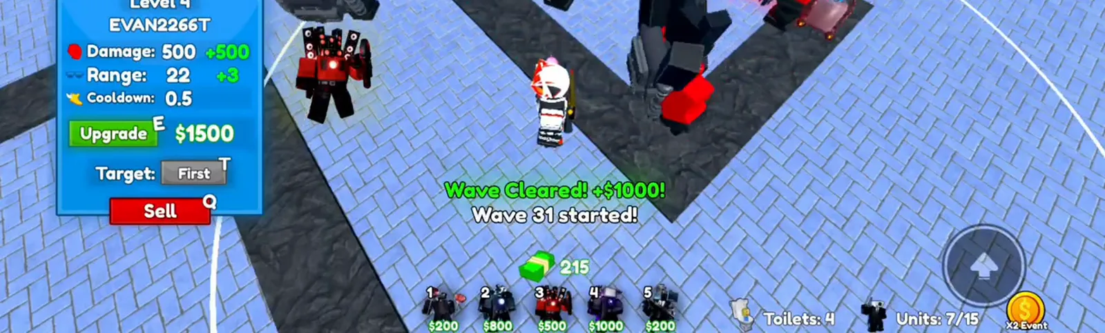Insane Cameraman Tower Defense oleada 31 popup Wave Cleared pagando 1000 dólares antes de iniciar oleada 31 en run solo de Yahaha.