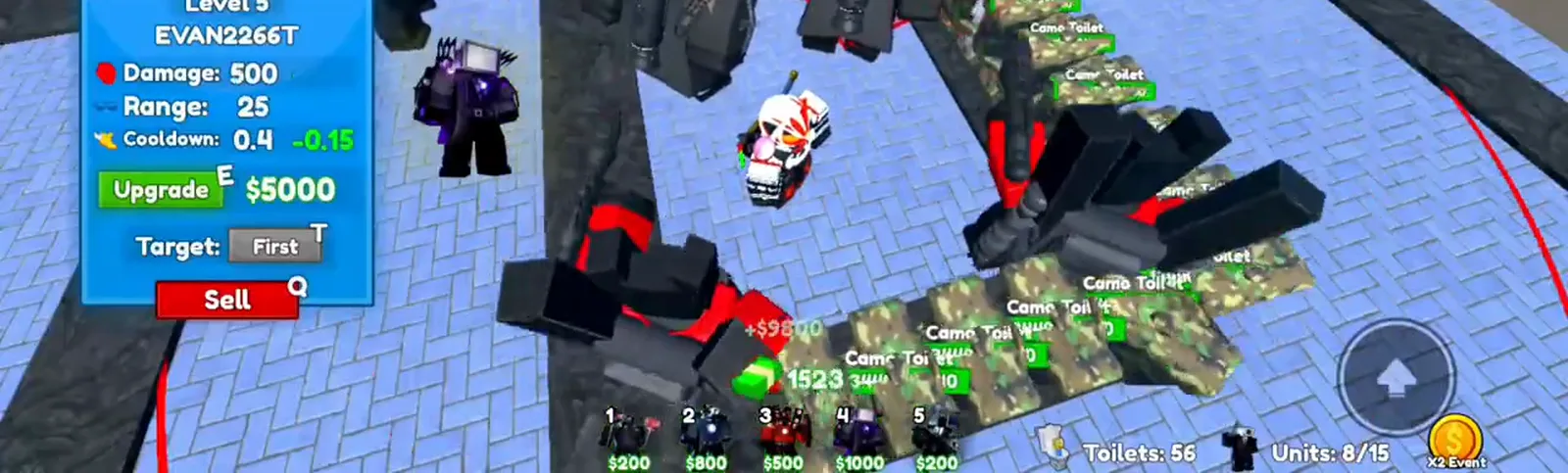 Insane Cameraman Tower Defense oleada 39 oleada Camo Toilet con fila Scientist Cameraman y Titan TV Man nivel 5 en pantalla.
