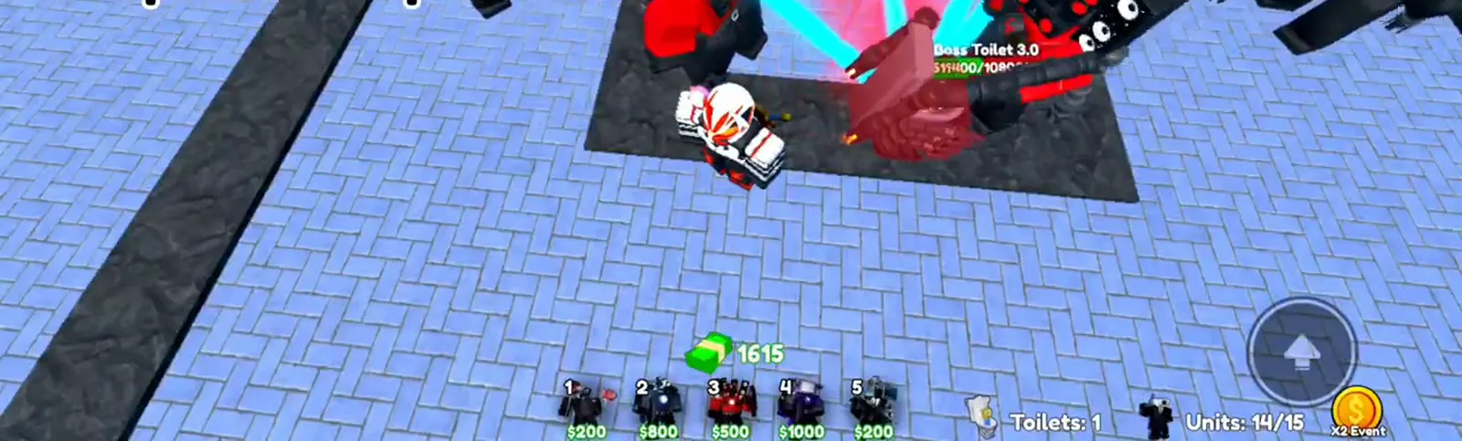 Insane Cameraman Tower Defense oleada 48 pelea contra jefe Dual Toilet 3.0 con Titan disparando haces y 117765 de vida restante.