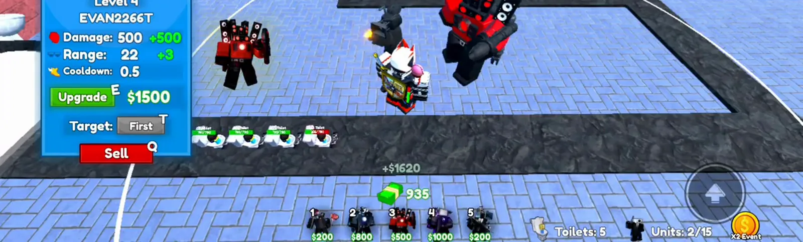Insane en Cameraman Tower Defense oleada 9 con Titan Speakerman nivel 4 y panel de mejora de 1500 dólares y 500 de daño.