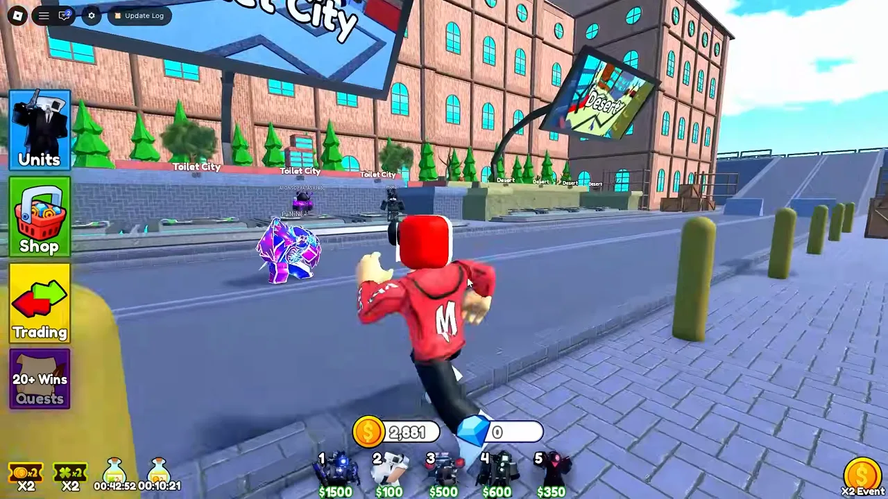 Cameraman Tower Defense lobby map select showing Toilet City and Desert destination labels.