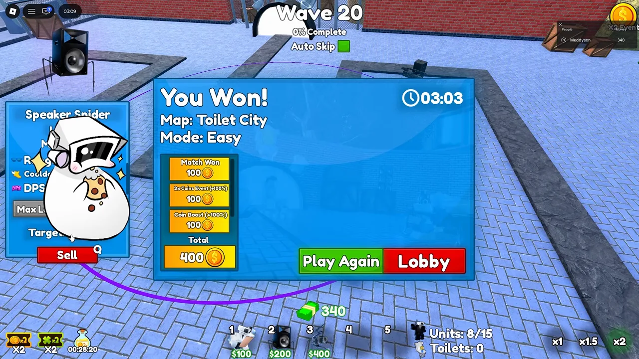 Cameraman Tower Defense win screen confirming Toilet City Easy map reward breakdown.