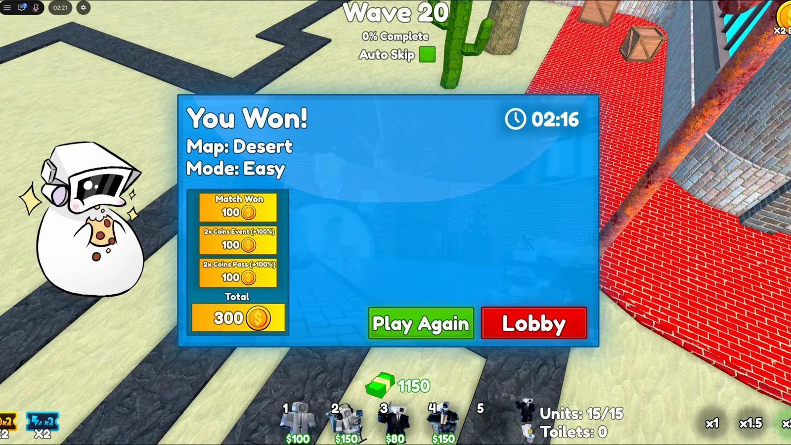 Cameraman Tower Defense Desert Easy victory popup listing 100 match coins plus two 100-coin boost lines for 300 total.