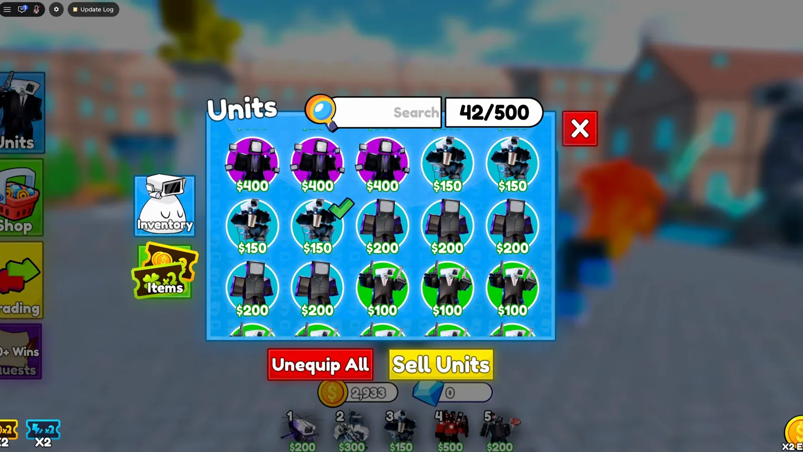 Cameraman Tower Defense Units inventory with 2933 lobby coins and zero gems at CruffyTD end of video.