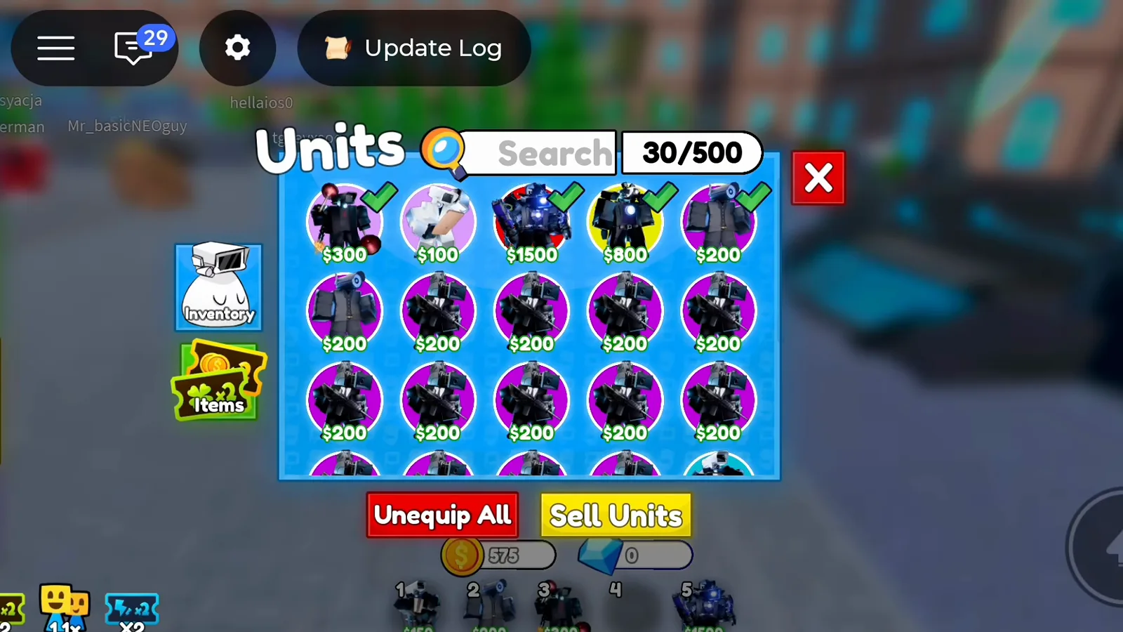 Cameraman Tower Defense mid-run Units menu showing 30 of 500 slots and 575 lobby coins in G0ldPX footage.