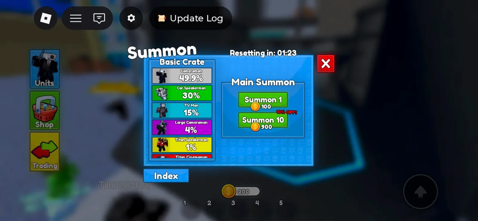 Cameraman Tower Defense Basic Crate summon board with 100 and 900 coin buttons and KAPTOH episode 1 drop rates.